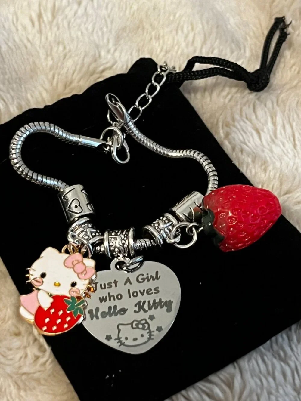 BRAND NEW Sanrio Hello Kitty Kids Silver Tone Charm Bracelet with Strawberry Cha